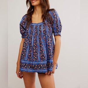 Free People Vintage Lover Blouse Dutch Blue Combo | Floral Peasant Top M